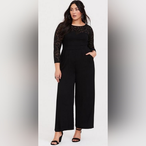 Torrid, NWOT, Black Lace Sweetheart Bodice Challis, Wide Leg Jumpsuit, Size 3X - Picture 6 of 9